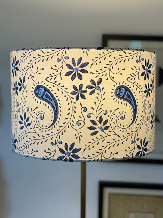 12 Inch Drum Lampshade. Indian Block Print. Playful Floral and Paisley. Oxford Blue and Navy on White.