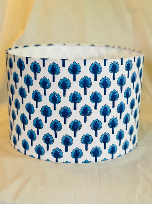 12 Inch Drum Lampshade. Indian Block Print. Shades of Royal Blue on White.