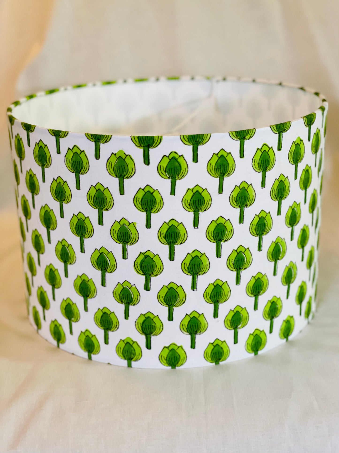 12 Inch Drum Lampshade. Indian Block Print. Shades of Apple Green on White.