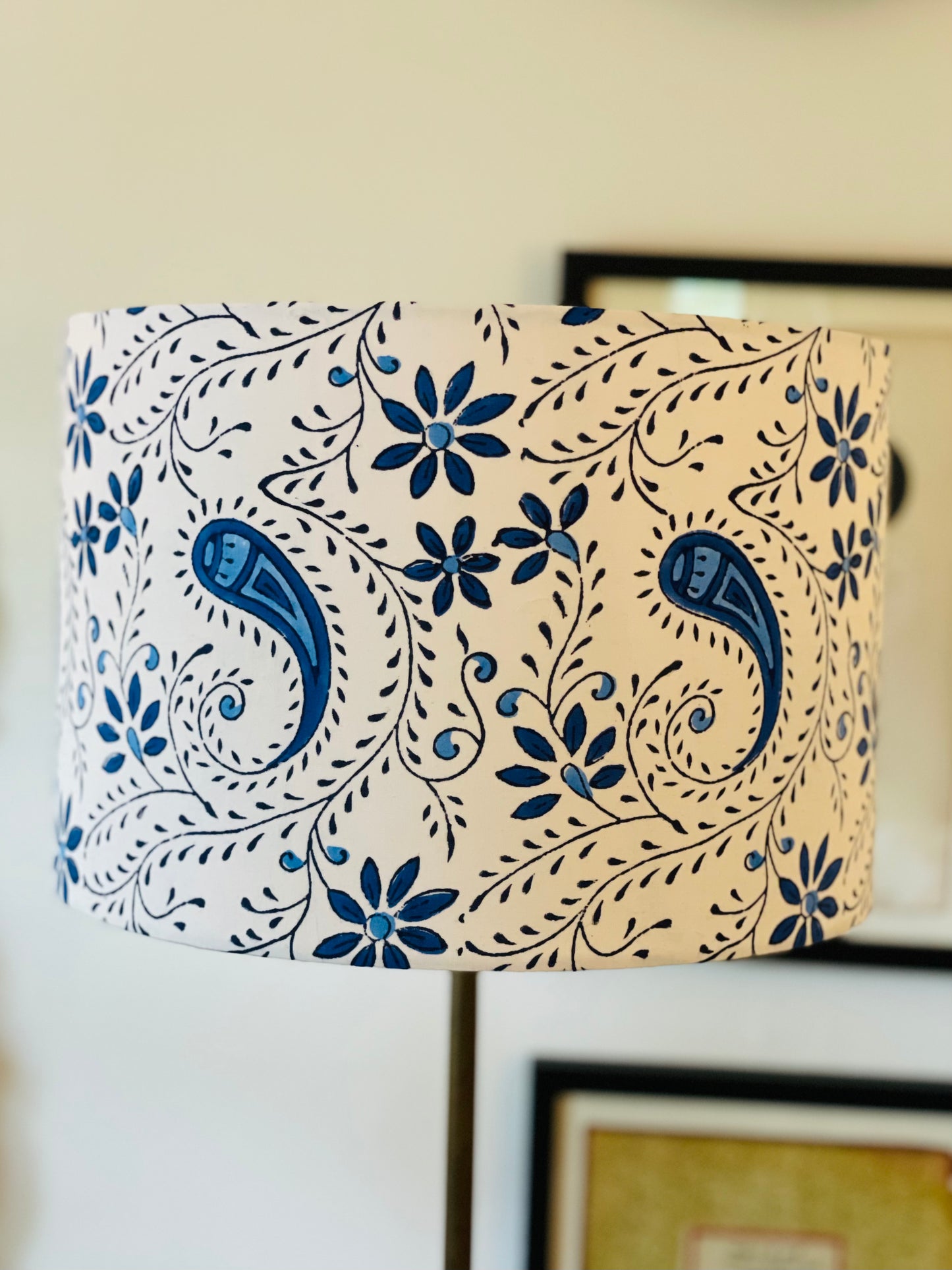 12 Inch Drum Lampshade. Indian Block Print. Playful Floral and Paisley. Oxford Blue and Navy on White.
