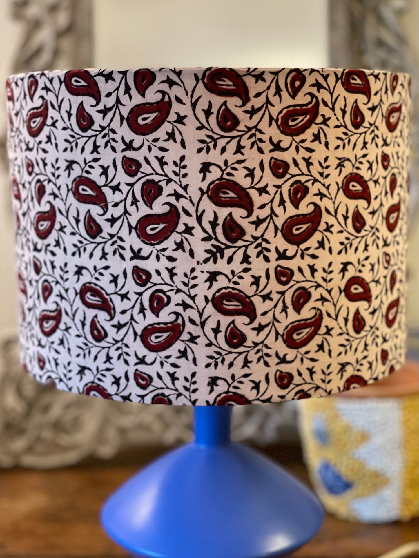 10 inch Drum Lampshade. Indian Block Print from Bagh. Maroon and Licorice Paisley Pattern on Ivory.