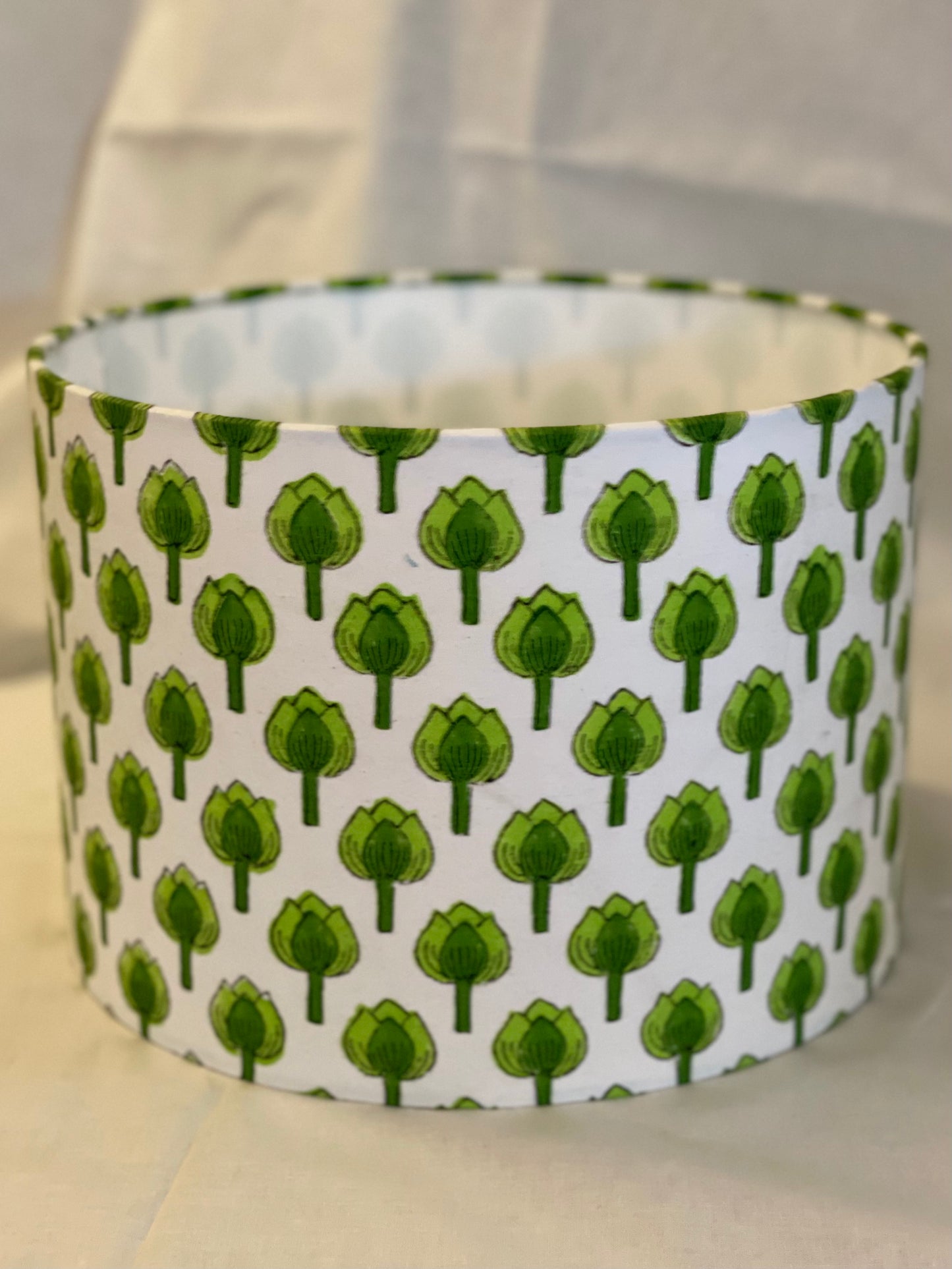 10 inch Drum Lampshade. Indian Block Print. Shades of Apple Green on White.