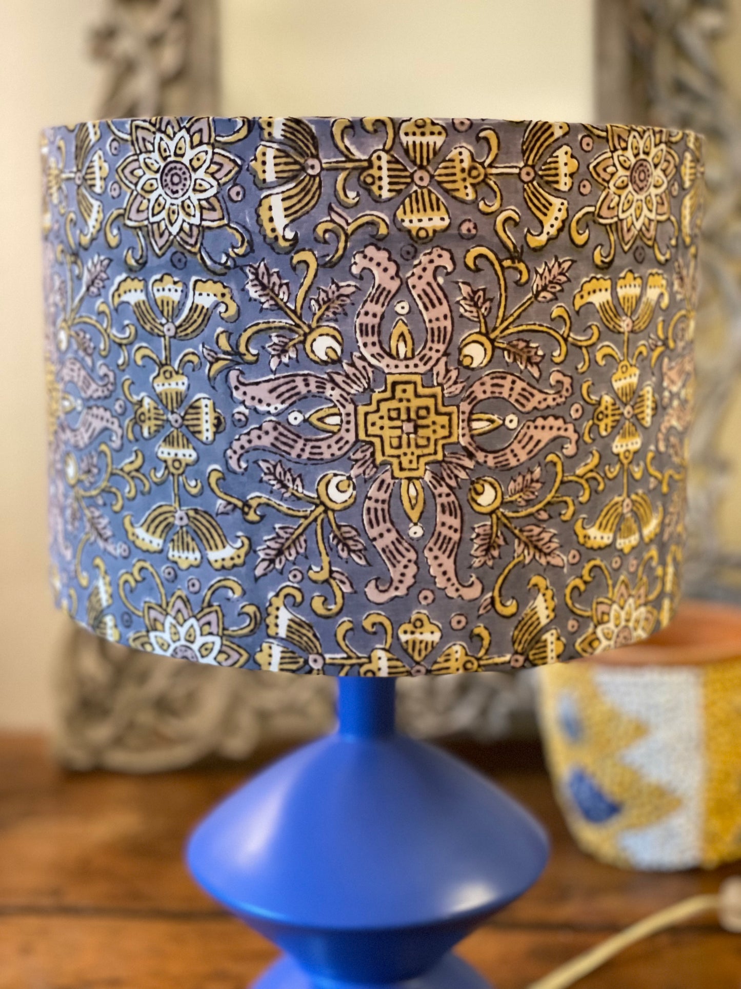 10 inch Drum Lampshade. Indian Block Print. Stormcloud Gray with Ochre, Ecru, and Mauve Taupe details.