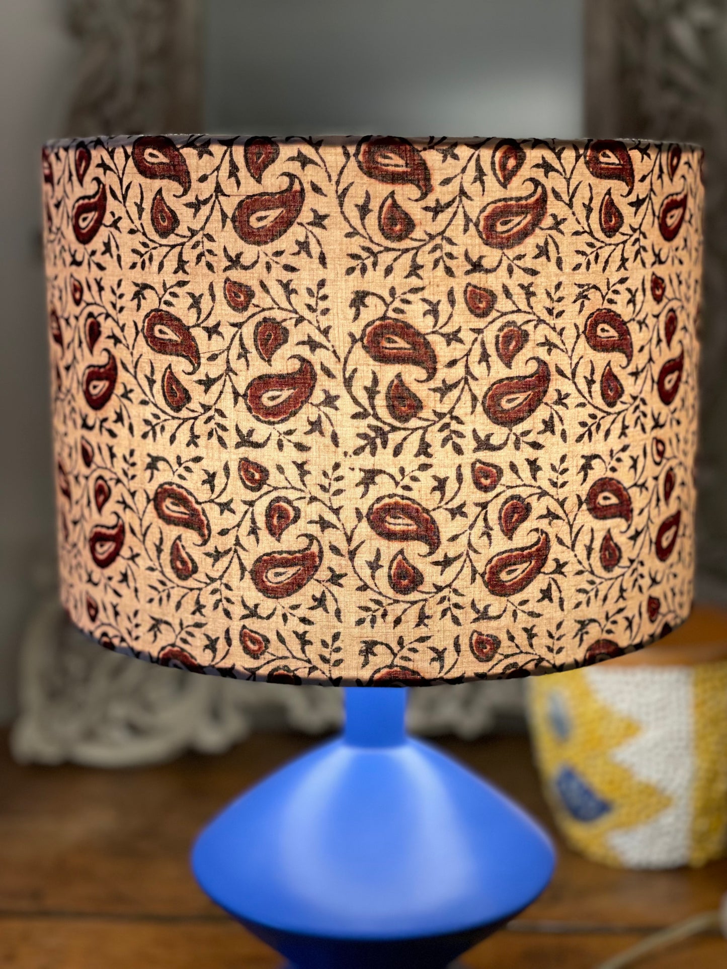 10 inch Drum Lampshade. Indian Block Print from Bagh. Maroon and Licorice Paisley Pattern on Ivory.