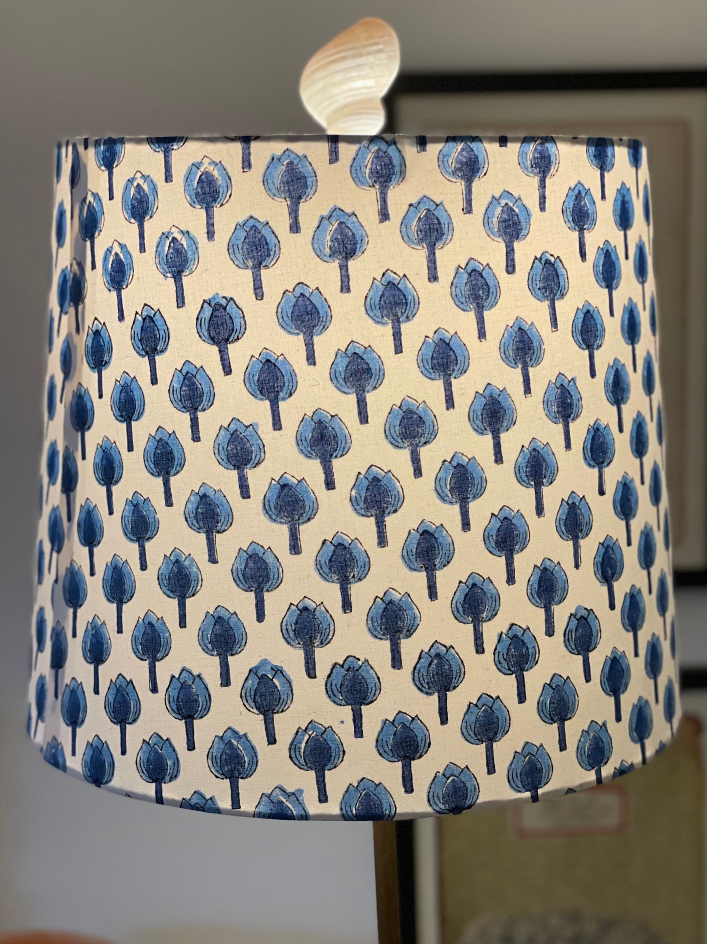 Large Empire Lampshade. 11.75 x 13.75 x 11.75. Indian Hand Block Print. Shades of Royal Blue on White.