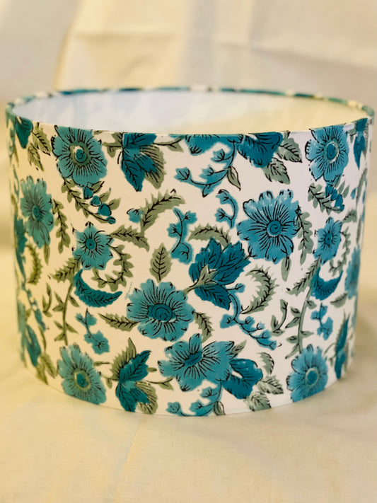 10 inch Drum Lampshade. Sanganeri Indian Block Print. Shades of Turquoise and Grayish Green.