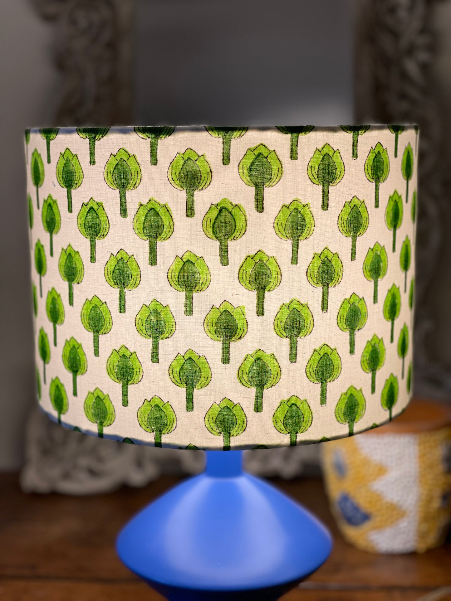 10 inch Drum Lampshade. Indian Block Print. Shades of Apple Green on White.