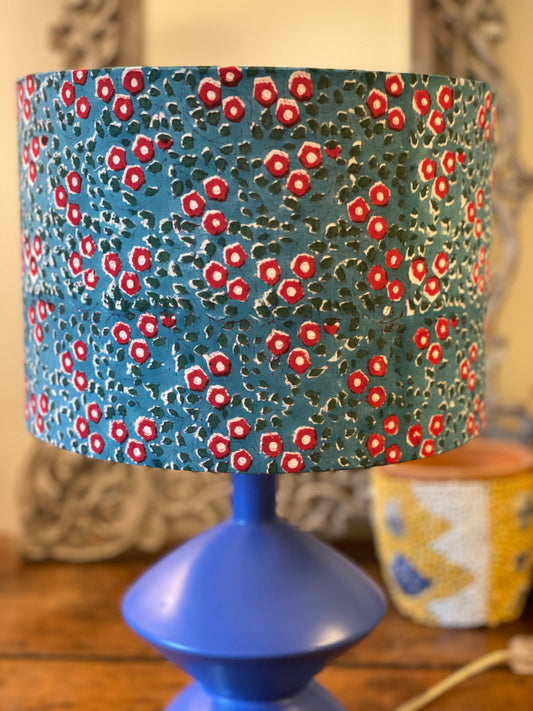 10 inch Drum Lampshade. Indian Block Print. Teal with Crimson and Ivory Floral.