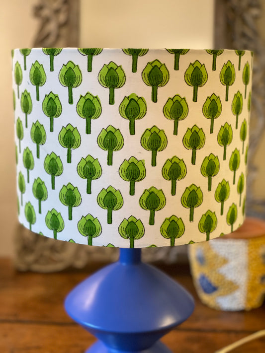 10 inch Drum Lampshade. Indian Block Print. Shades of Apple Green on White.