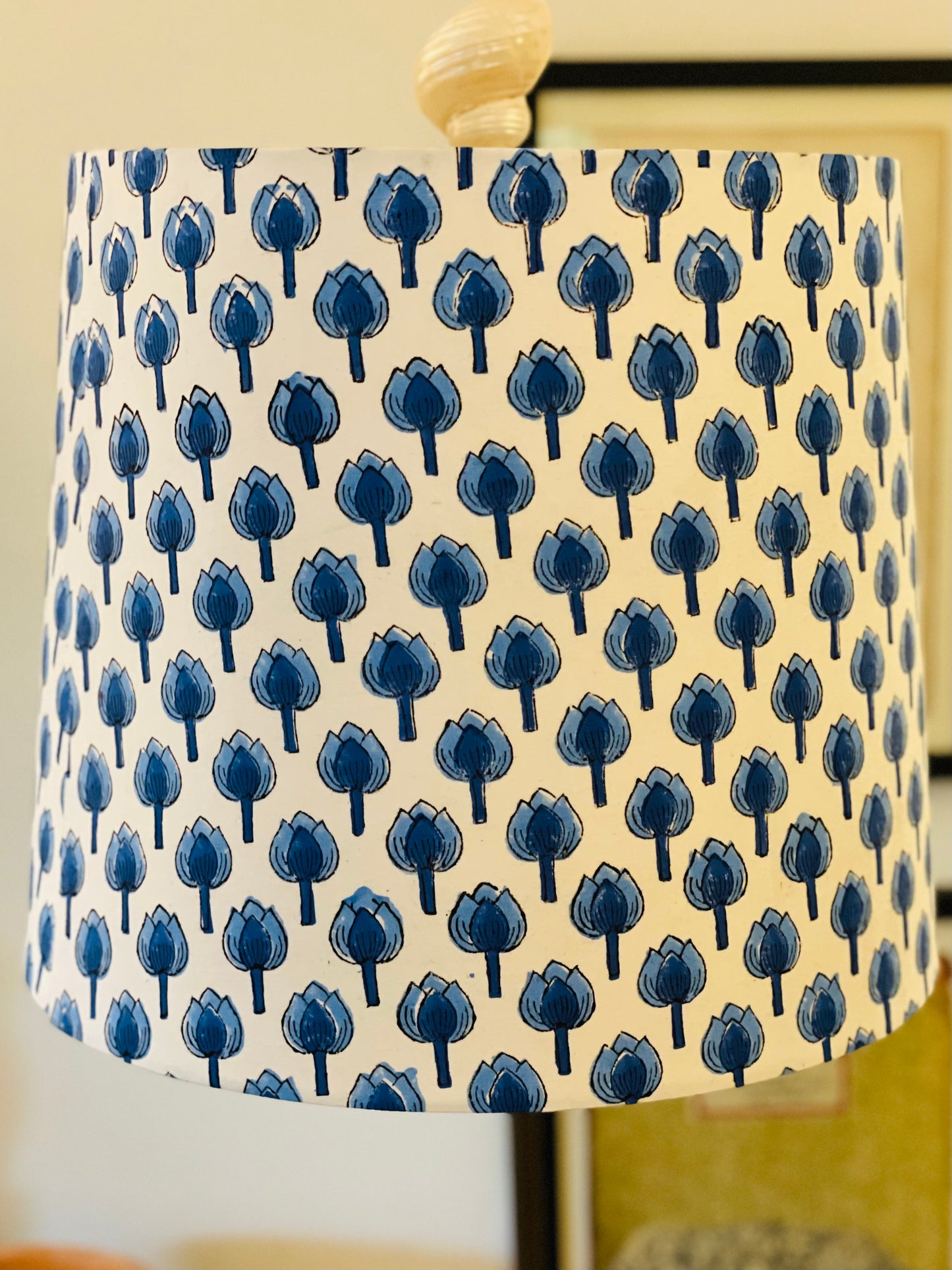 Large Empire Lampshade. 11.75 x 13.75 x 11.75. Indian Hand Block Print. Shades of Royal Blue on White.