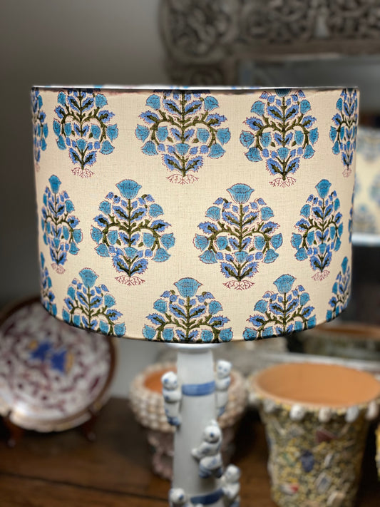 12 Inch Drum Lampshade. Indian Hand Block Print. Faded Lapis, Teal, and Deep Olive on Ivory.