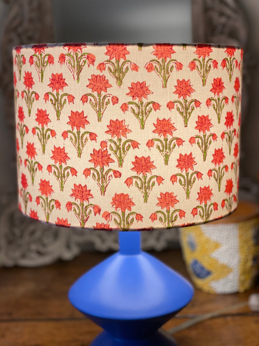 10 inch Drum Lampshade. Indian Block Print. Carmine Pink and Olive Green Floral on Ivory.