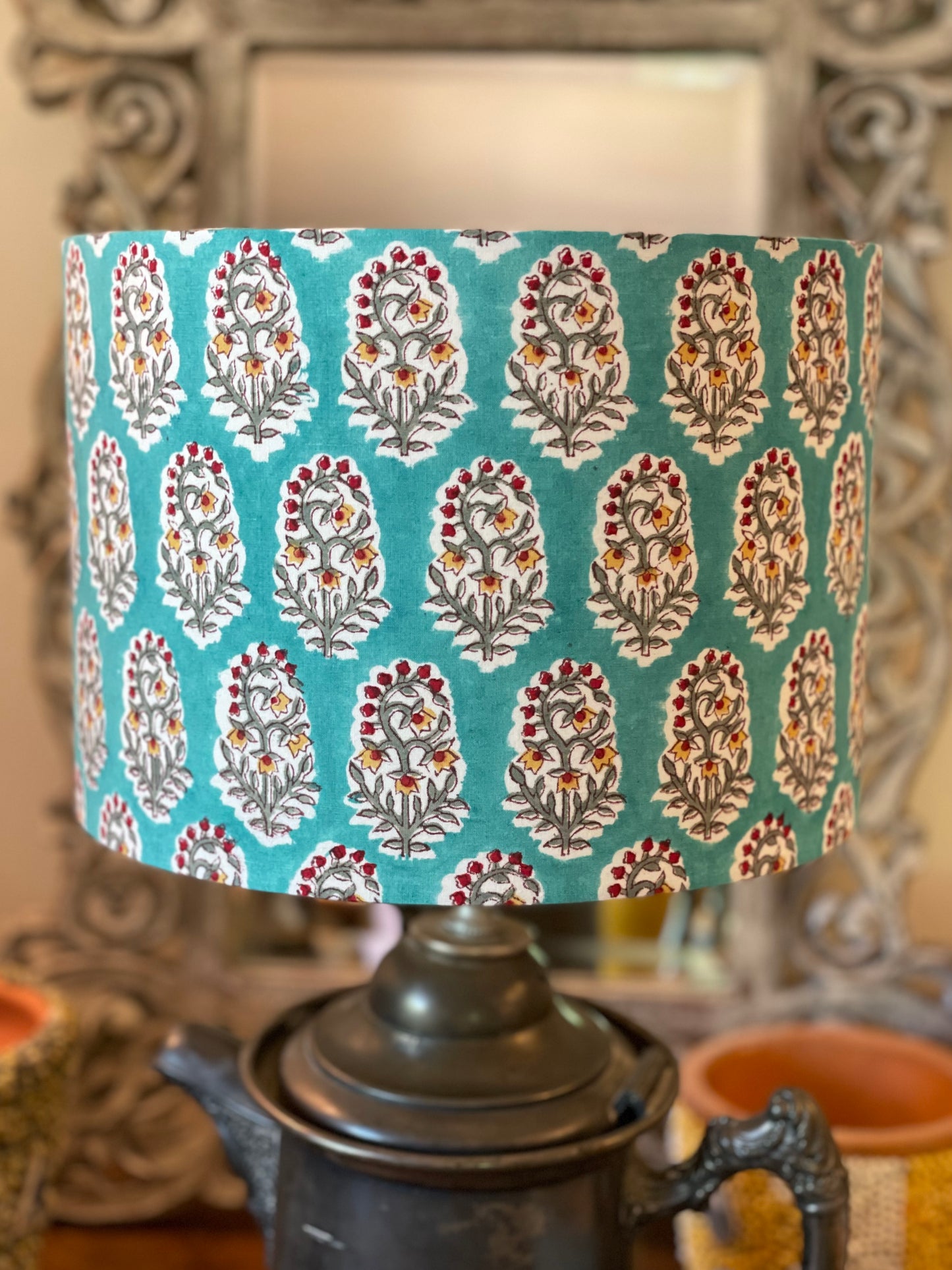 10 inch Drum Lampshade. Indian Hand Block Print from Jaipur. Turquoise with Crimson, Ochre and Taupe Floral Motif.