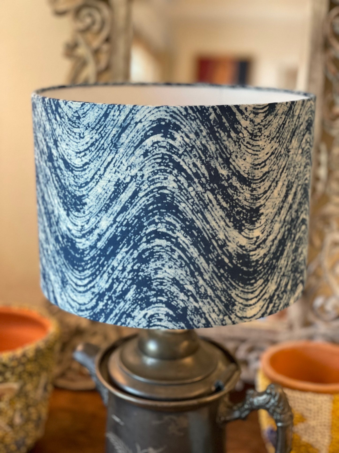 10 inch Drum Lampshade. Indigo Batik from India. Blue and White Wavy Combed Pattern.