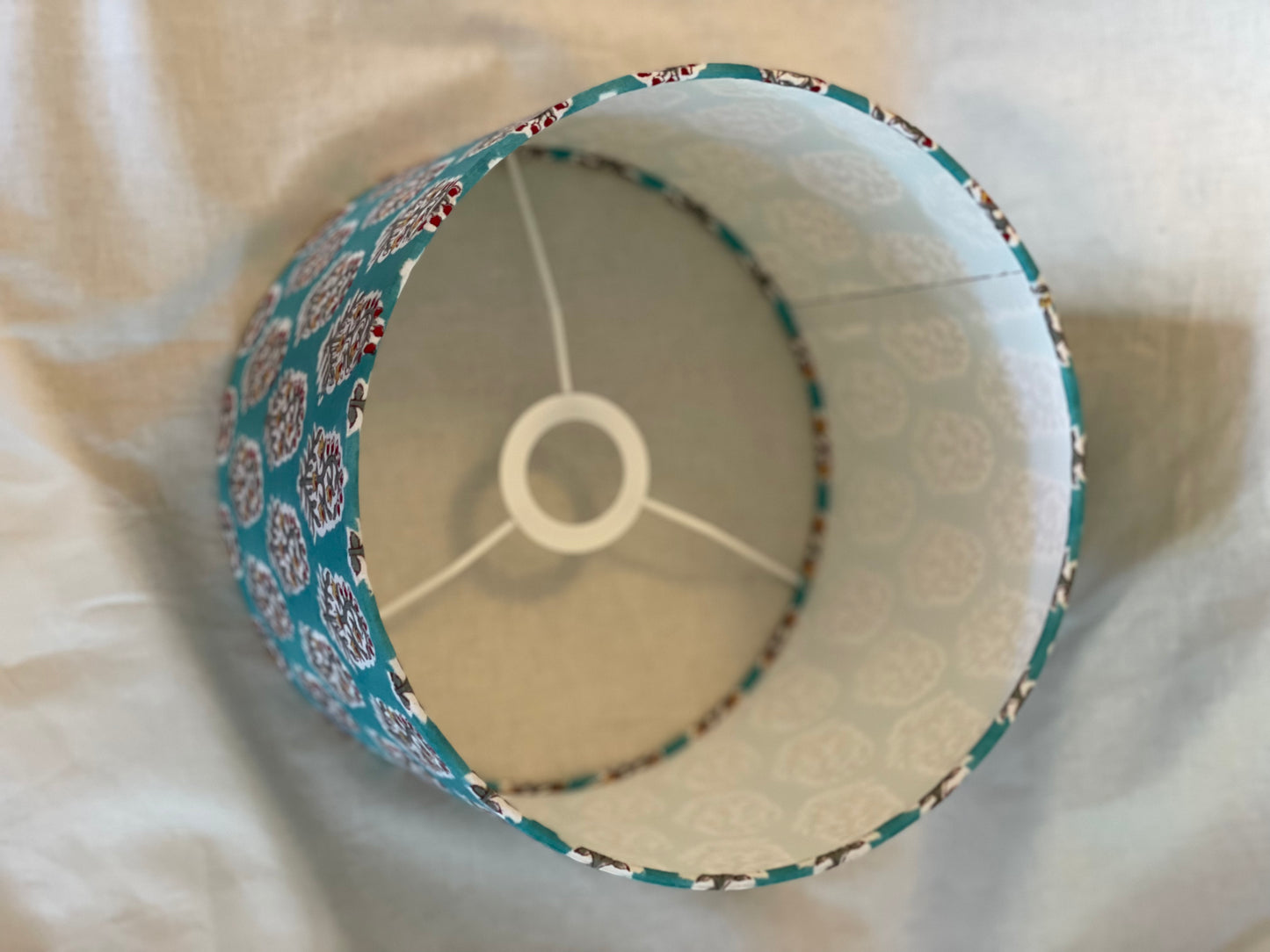 10 inch Drum Lampshade. Indian Hand Block Print from Jaipur. Turquoise with Crimson, Ochre and Taupe Floral Motif.