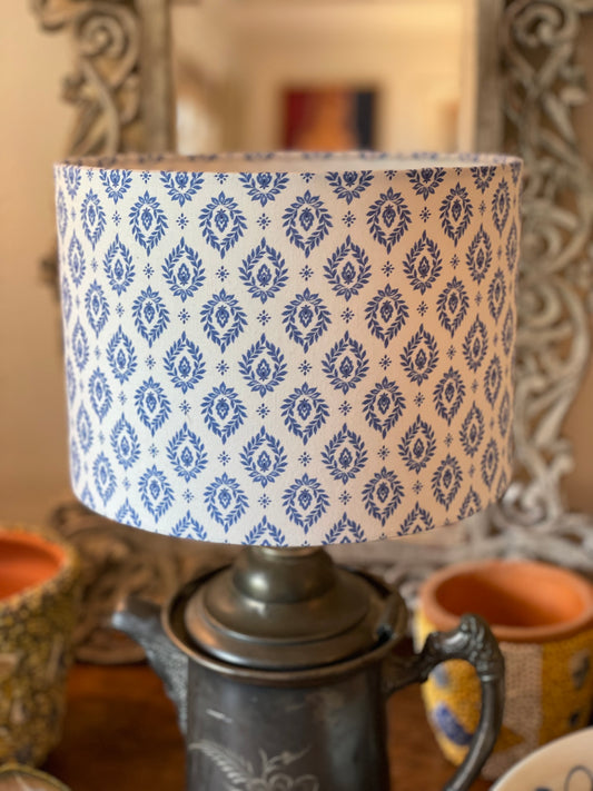 10 Inch Drum Lampshade. French Provençal "Valensole" Pattern. Blue and White.