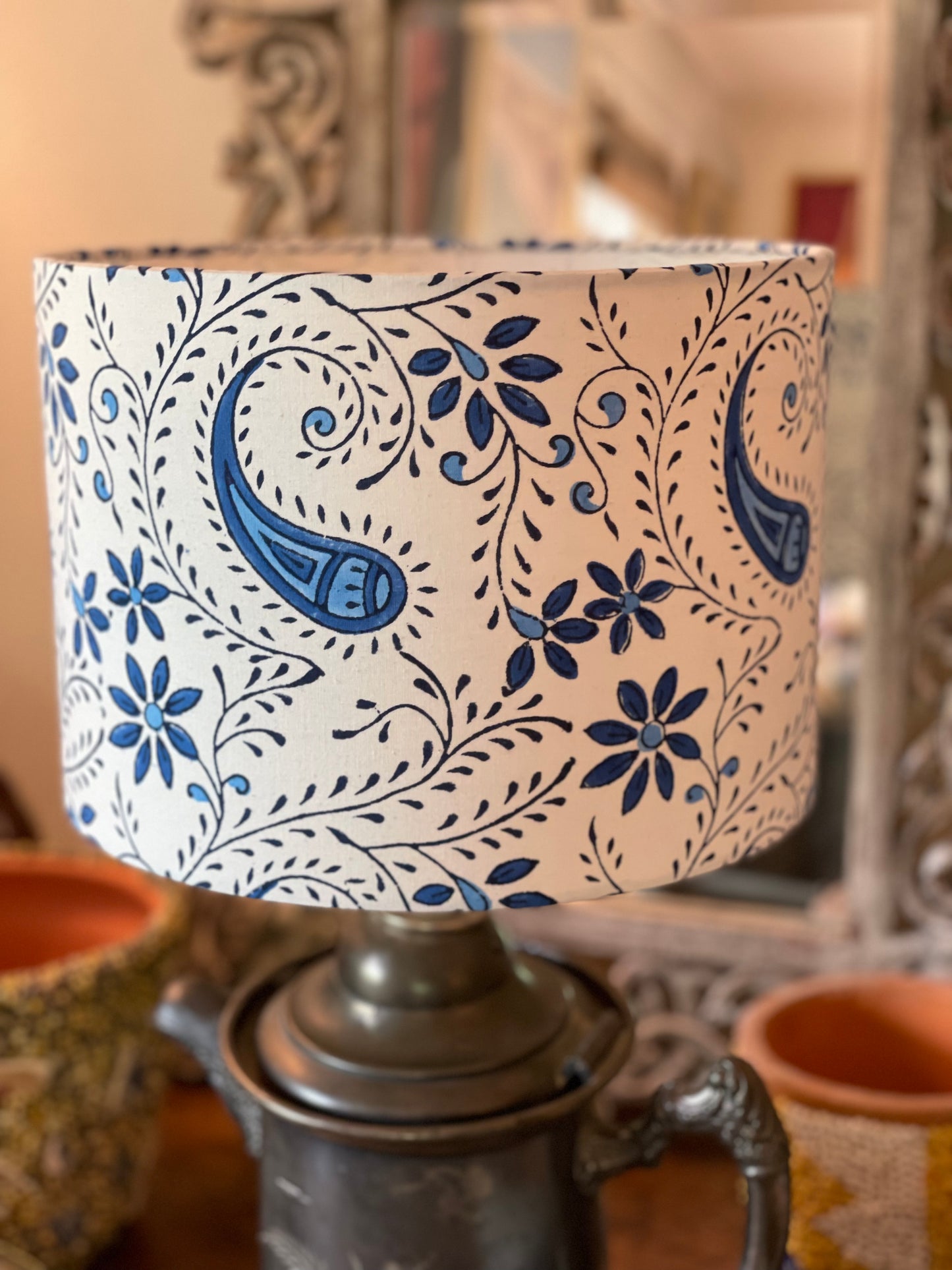 10 inch Drum Lampshade. Indian Block Print. Playful Floral and Paisley. Oxford Blue and Navy on White.