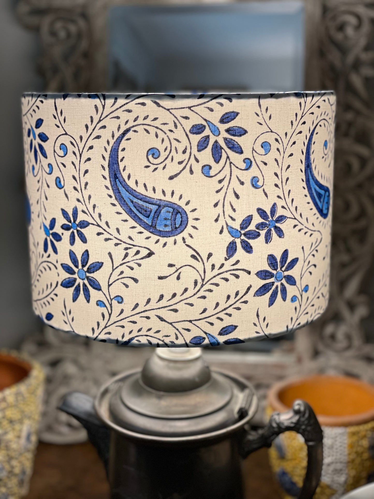 10 inch Drum Lampshade. Indian Block Print. Playful Floral and Paisley. Oxford Blue and Navy on White.