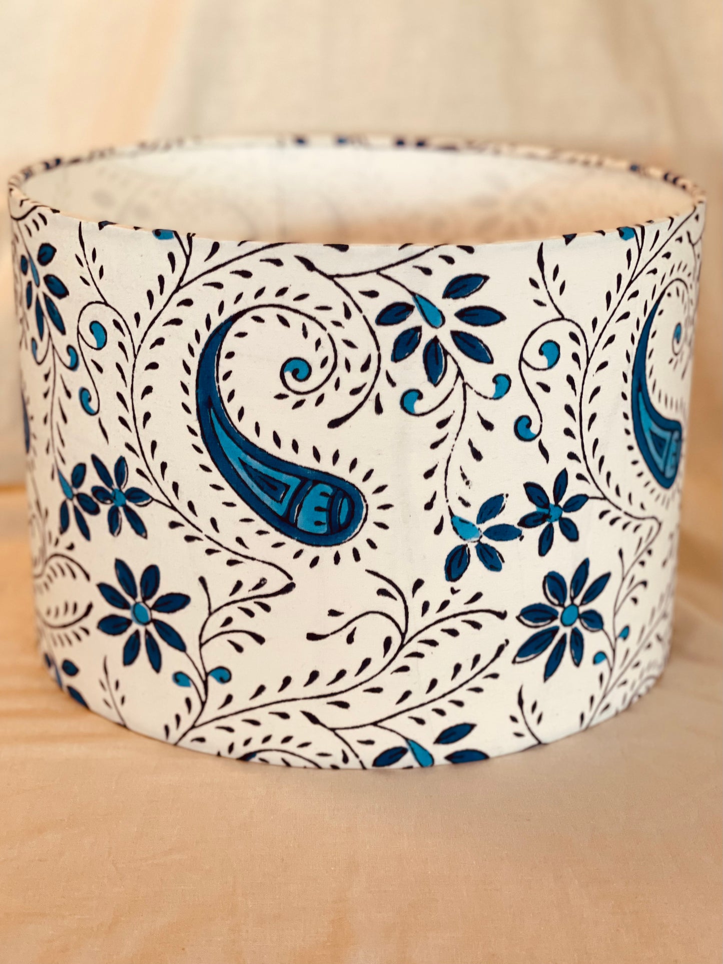 10 inch Drum Lampshade. Indian Block Print. Playful Floral and Paisley. Oxford Blue and Navy on White.