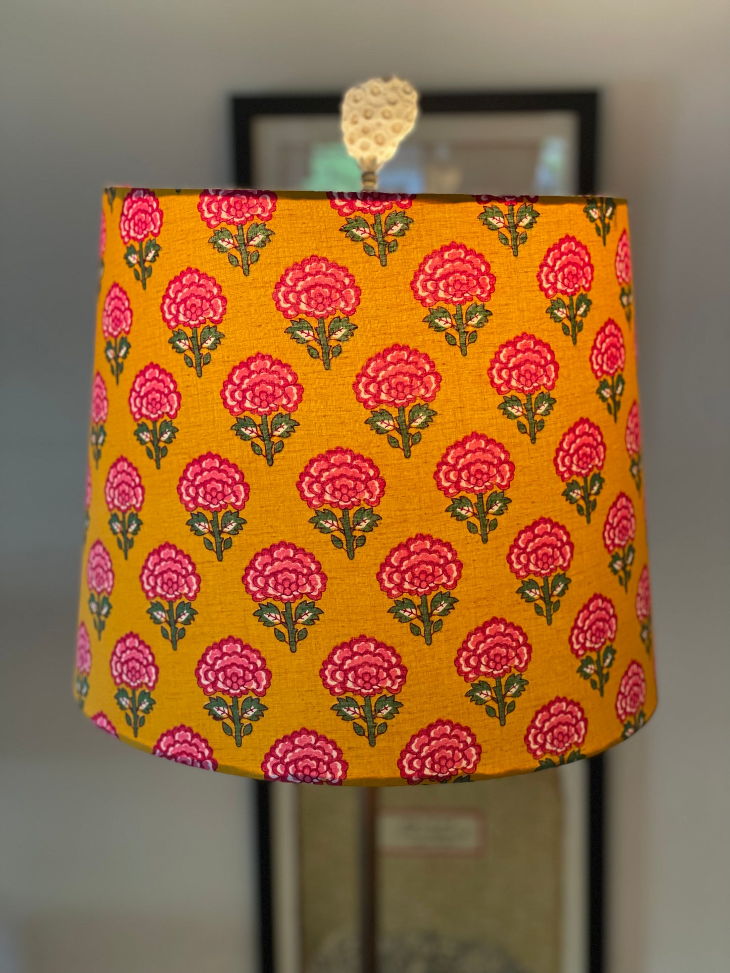 Medium Empire Shade. 10 x 11.75 x 10. Indian Block print from Jaipur. Mustard with Cerise, Rani Pink, and Dark Spring Green Floral Motif.