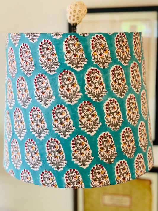 Medium Empire Shade. 10 x 11.75 x 10. Indian Hand Block Print from Jaipur. Turquoise with Crimson, Ochre and Taupe Floral Motif.