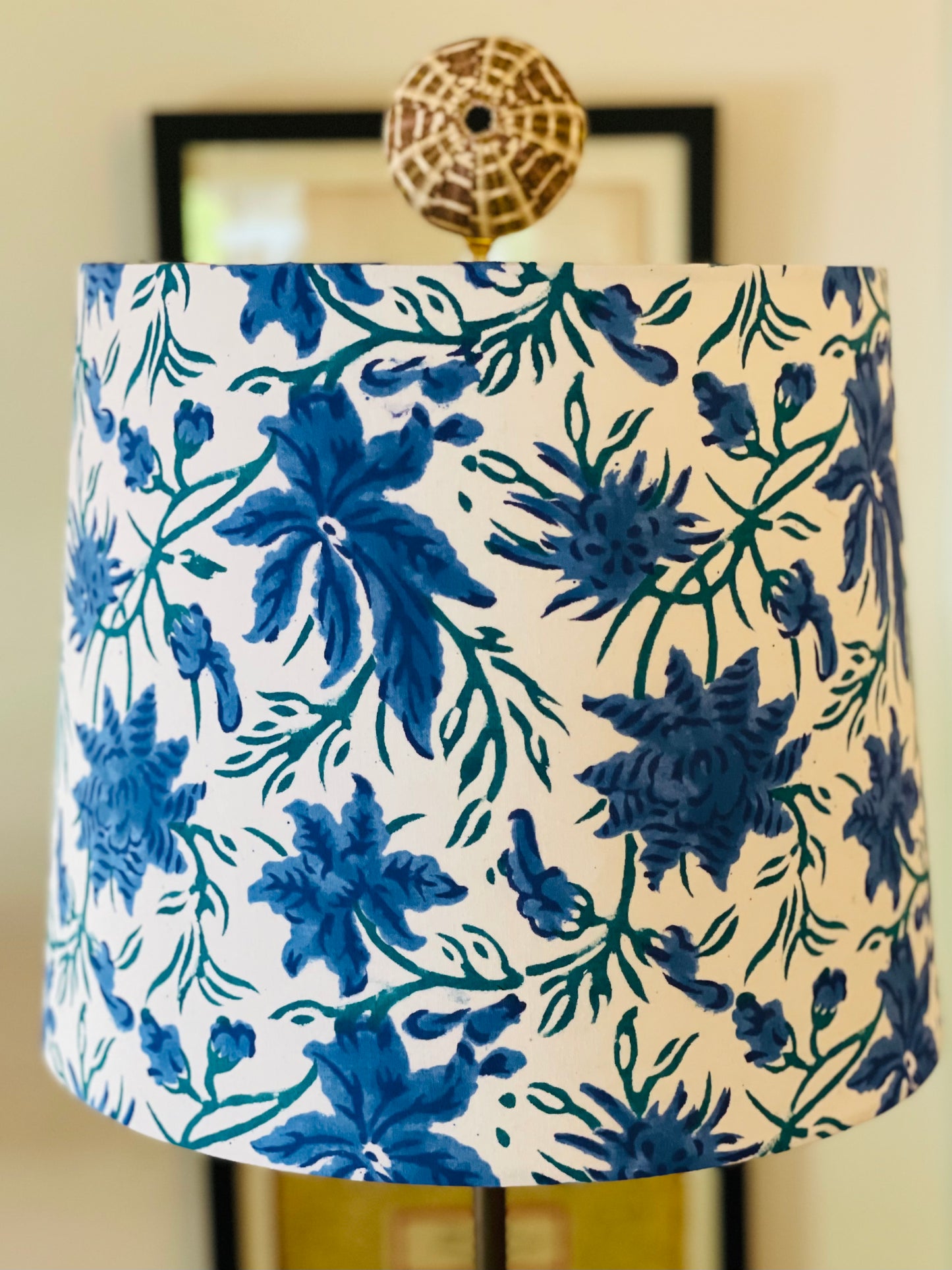 Medium Empire Lampshade. Hand Block Print from India. Bright Blue and Dark Teal Floral.