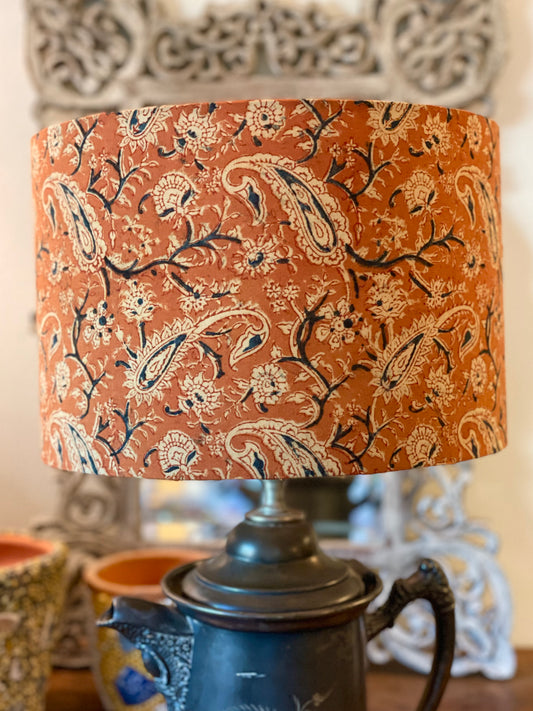 12 Inch Drum Lampshade. Kalamkari Indian Block Print. Burnt Sienna with Fawn and Smoky Black Paisley.