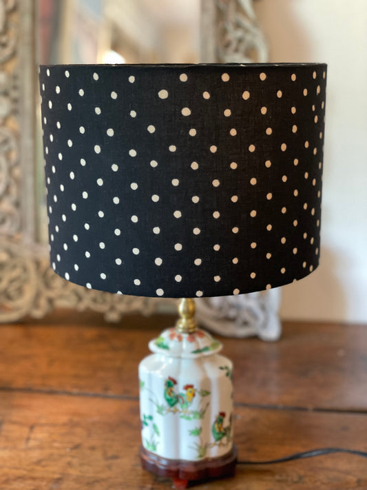 10 Inch Drum Lampshade. Indian Hand Block Print. Black with Gentle Off-White Polka Dots.