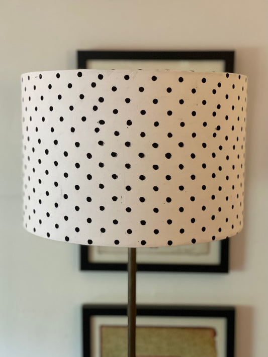 12 Inch Drum Lampshade. Indian Hand Block Print. White with Black Polka Dot.