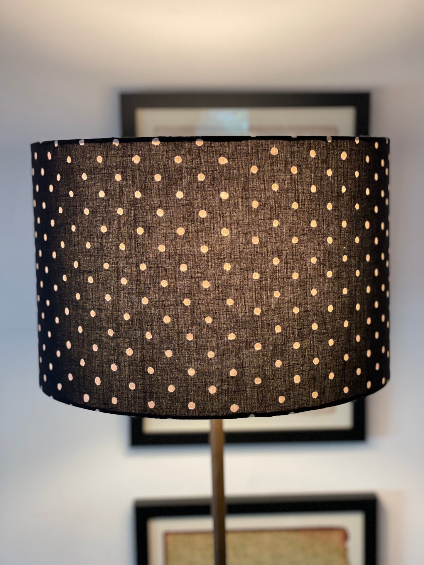 12 Inch Drum Lampshade. Indian Hand Block Print. Black with Gentle White Polka Dot.