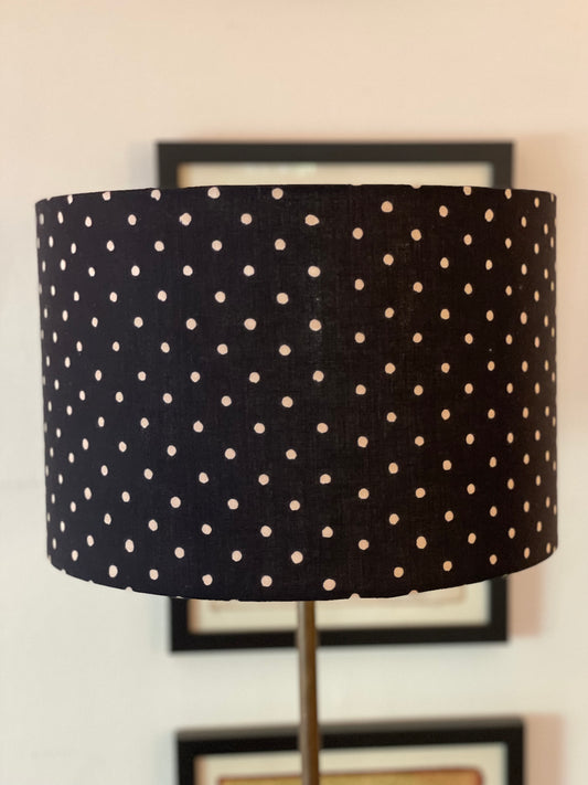 12 Inch Drum Lampshade. Indian Hand Block Print. Black with Gentle White Polka Dot.