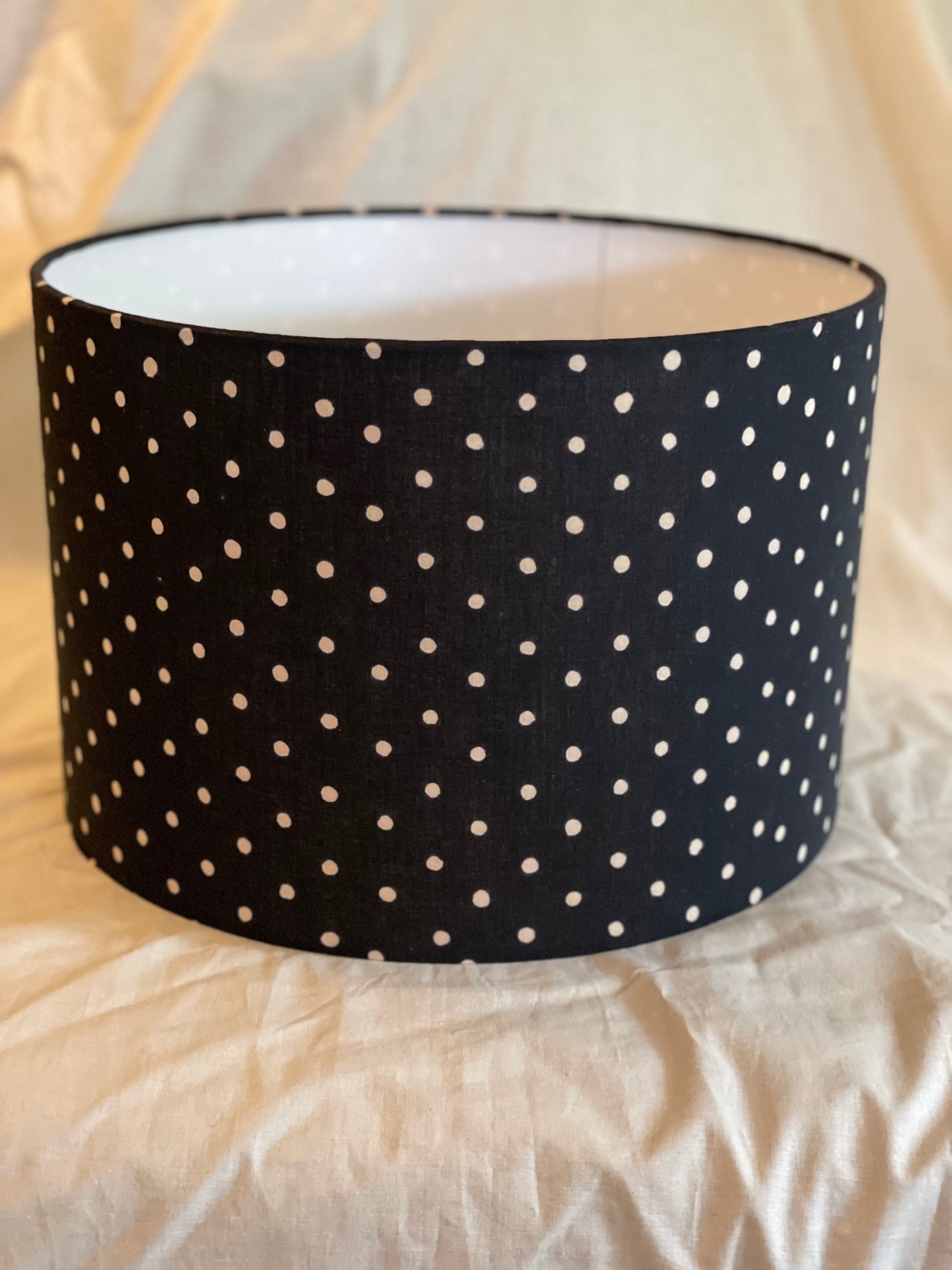 12 Inch Drum Lampshade. Indian Hand Block Print. Black with Gentle White Polka Dot.