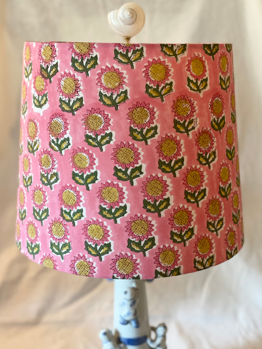 Medium Empire Lampshade. Hand Block Print from India. Ruddy Pink with Ochre and Army Green Flower Motif.