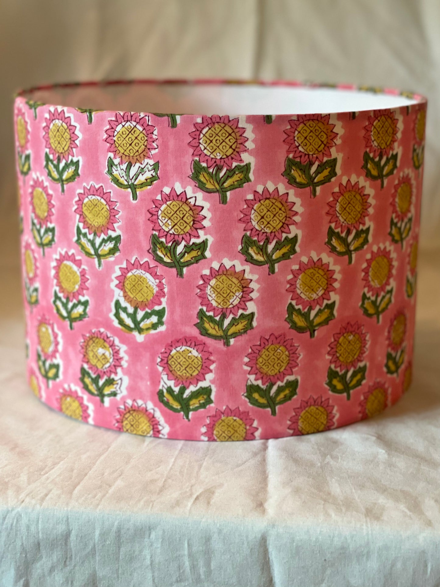 10 Inch Drum Lampshade. Indian Hand Block Print. Ruddy Pink with Ochre and Army Green Flower Motif.