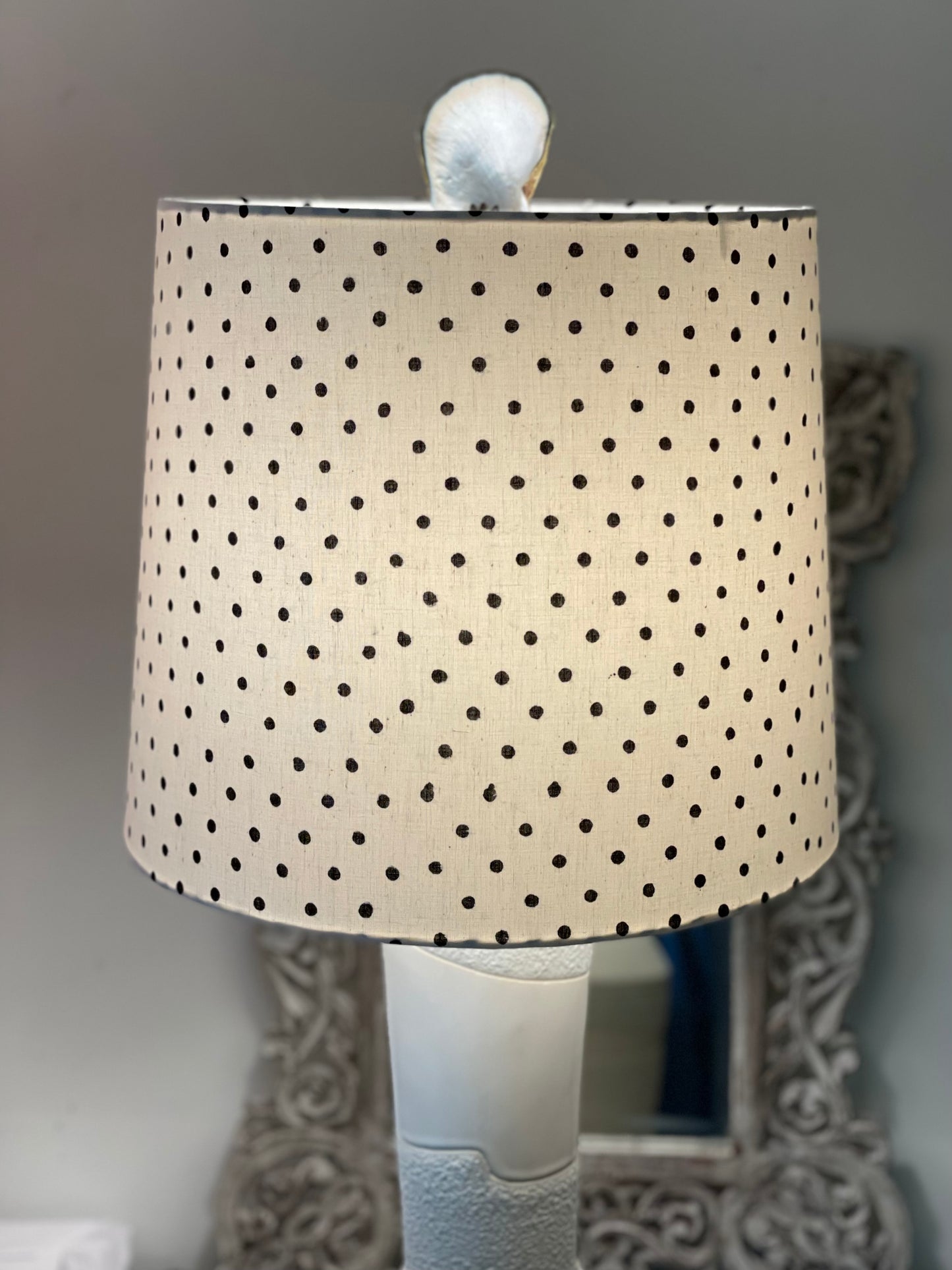 Large Empire Lampshade. 11.75 x 13.75 x 11.75. Indian Hand Block Print. White with Black Polka Dots.