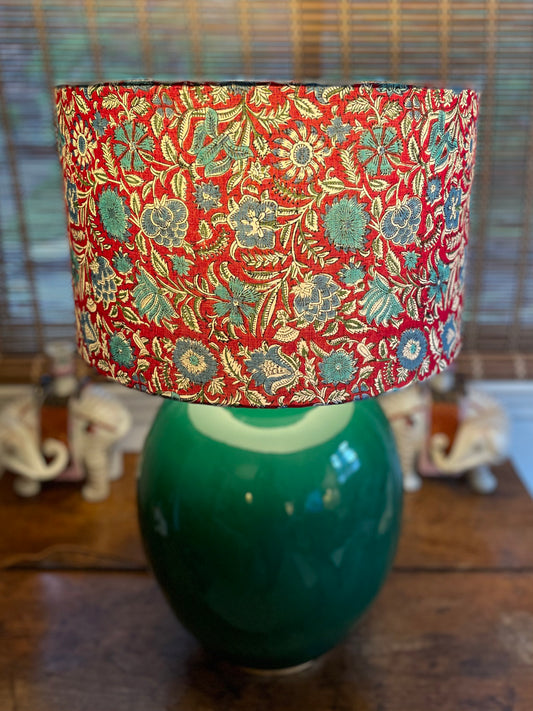 16 Inch Drum Lampshade. Indian Hand Block Print. Crimson Red with Turquoise and Blue Floral Motif.