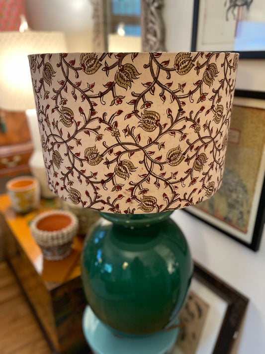 16 Inch Drum Lampshade. Indian Kalamkari Hand Block Print. Shades of Russet, Ochre, and Coffee, on Fawn.