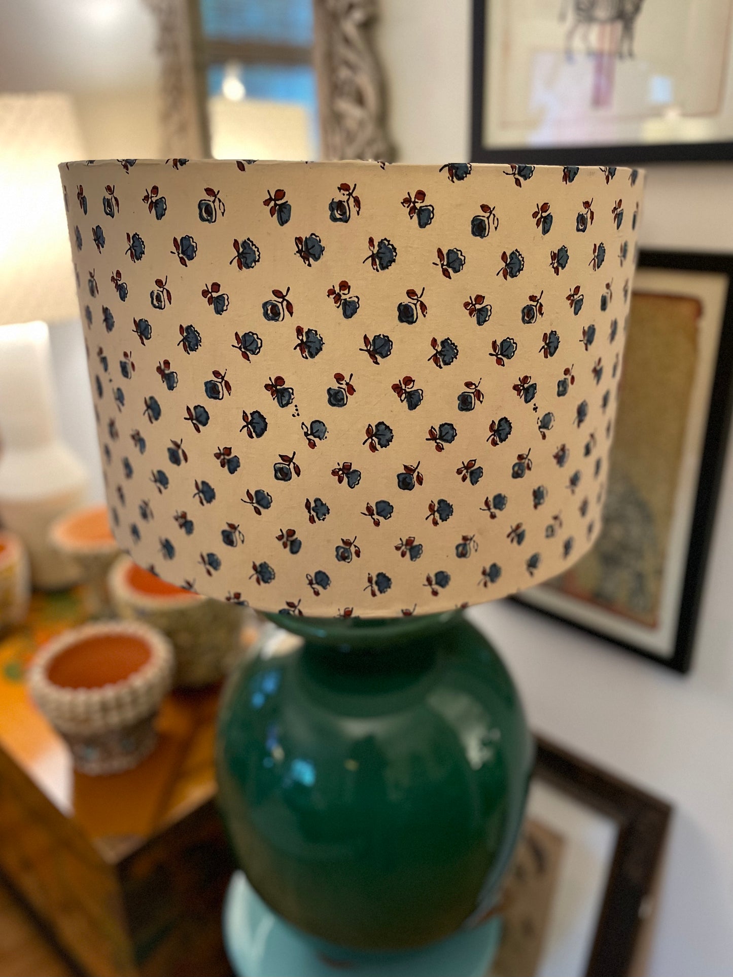 16 Inch Drum Lampshade. Indian Hand Block Print. Cadet Blue and Maroon Floral Motif on Ecru.