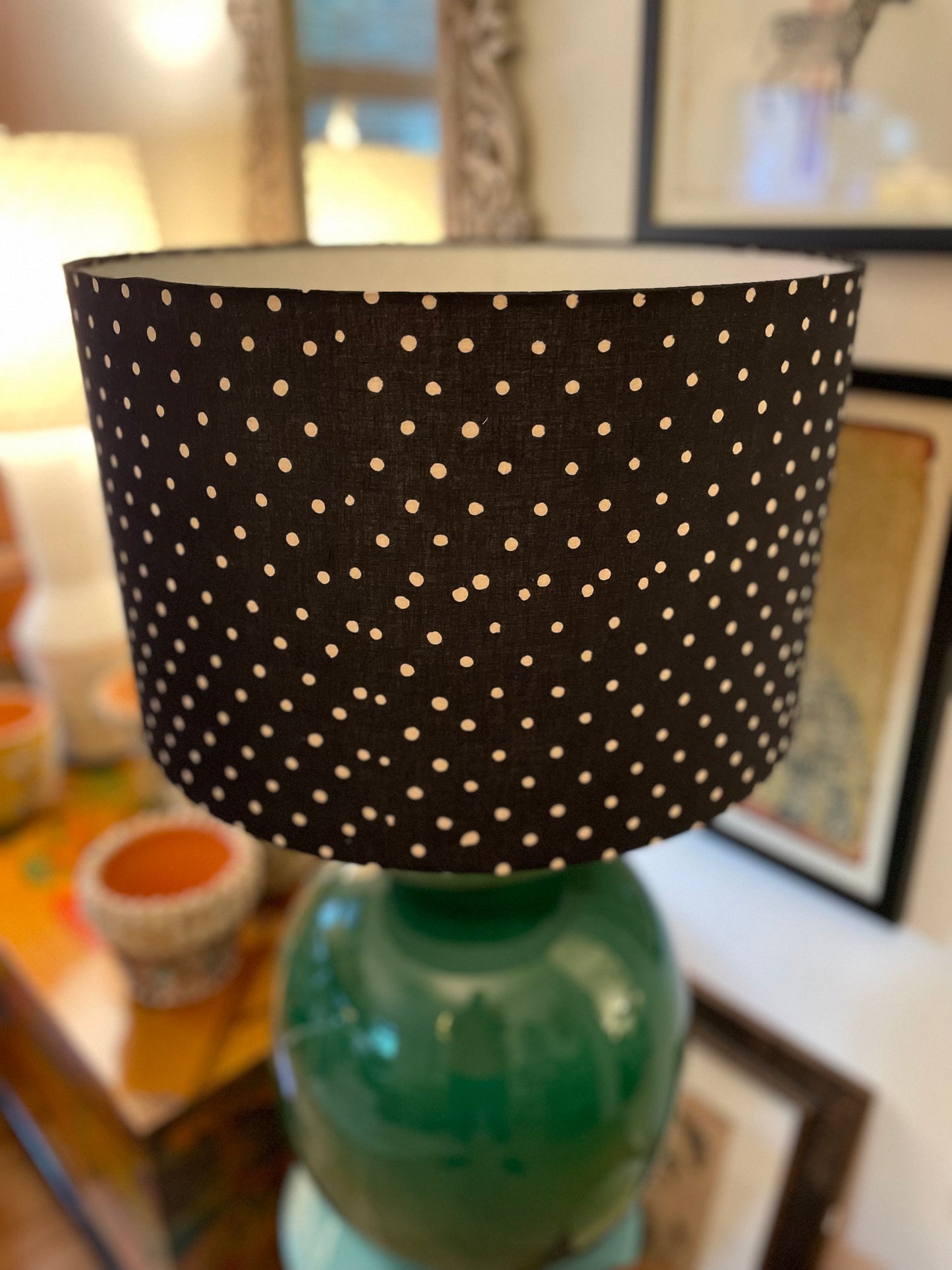16 Inch Drum Lampshade. Indian Hand Block Print. Black with Gentle Off-White Polka Dot.