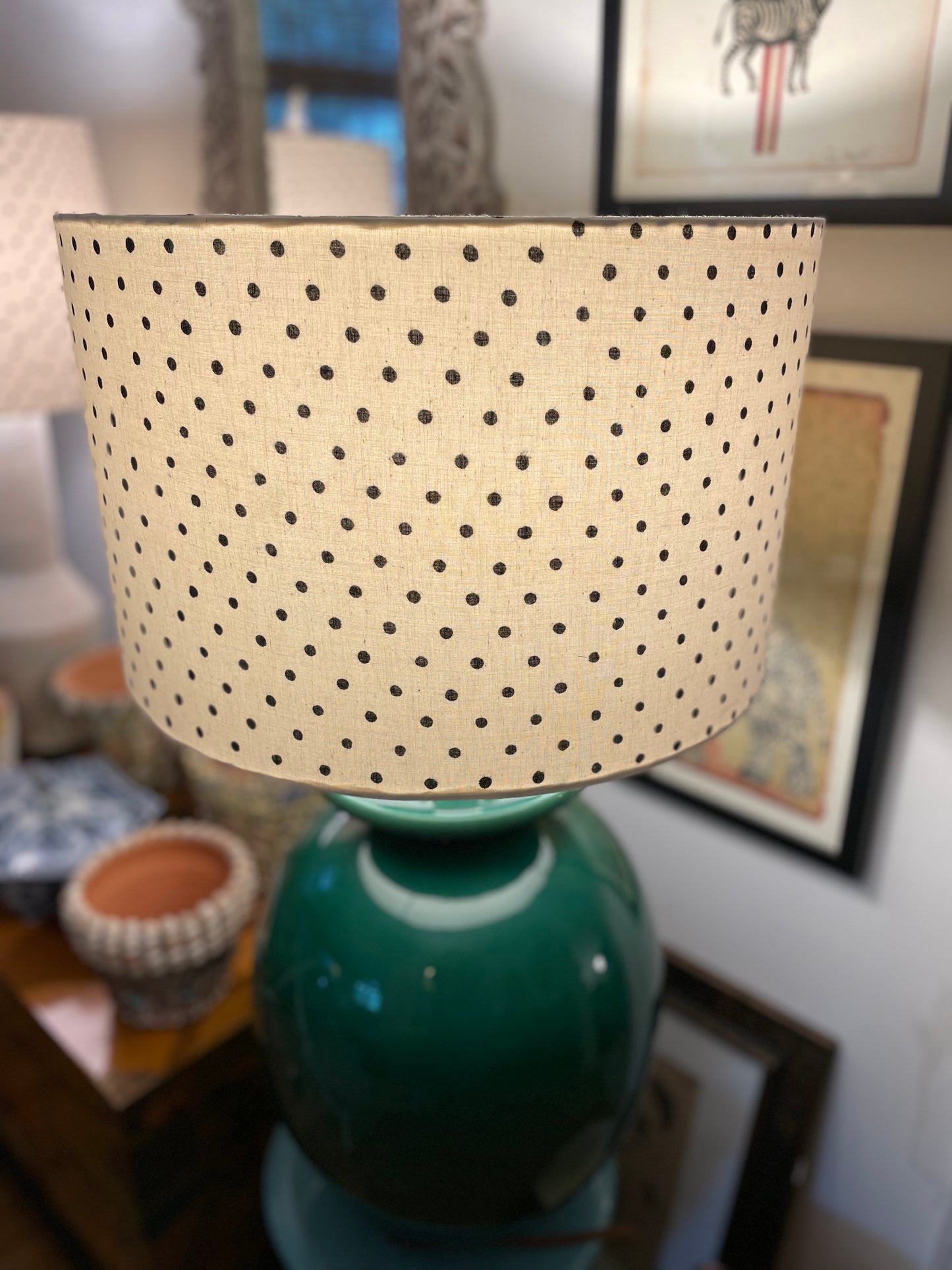 16 Inch Drum Lampshade. Indian Hand Block Print. White with Black Polka Dot.