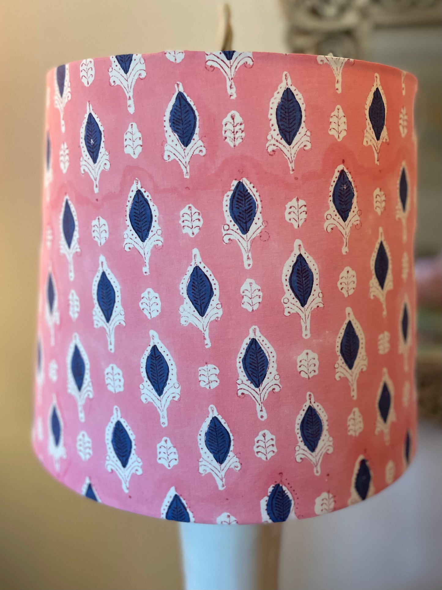 Large Empire Lampshade. 11.75 x 13.75 x 11.75. Indian Hand Block Print. Rosy Pink with Navy and White.