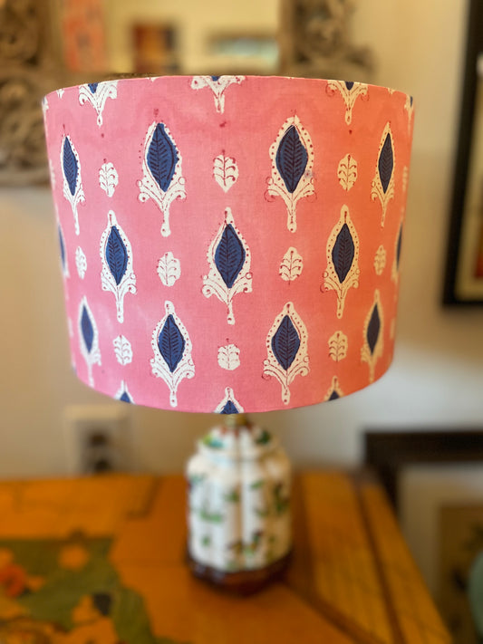 10 inch Drum Lampshade. Indian Block print from Jaipur. Rosy Pink with Navy and White.