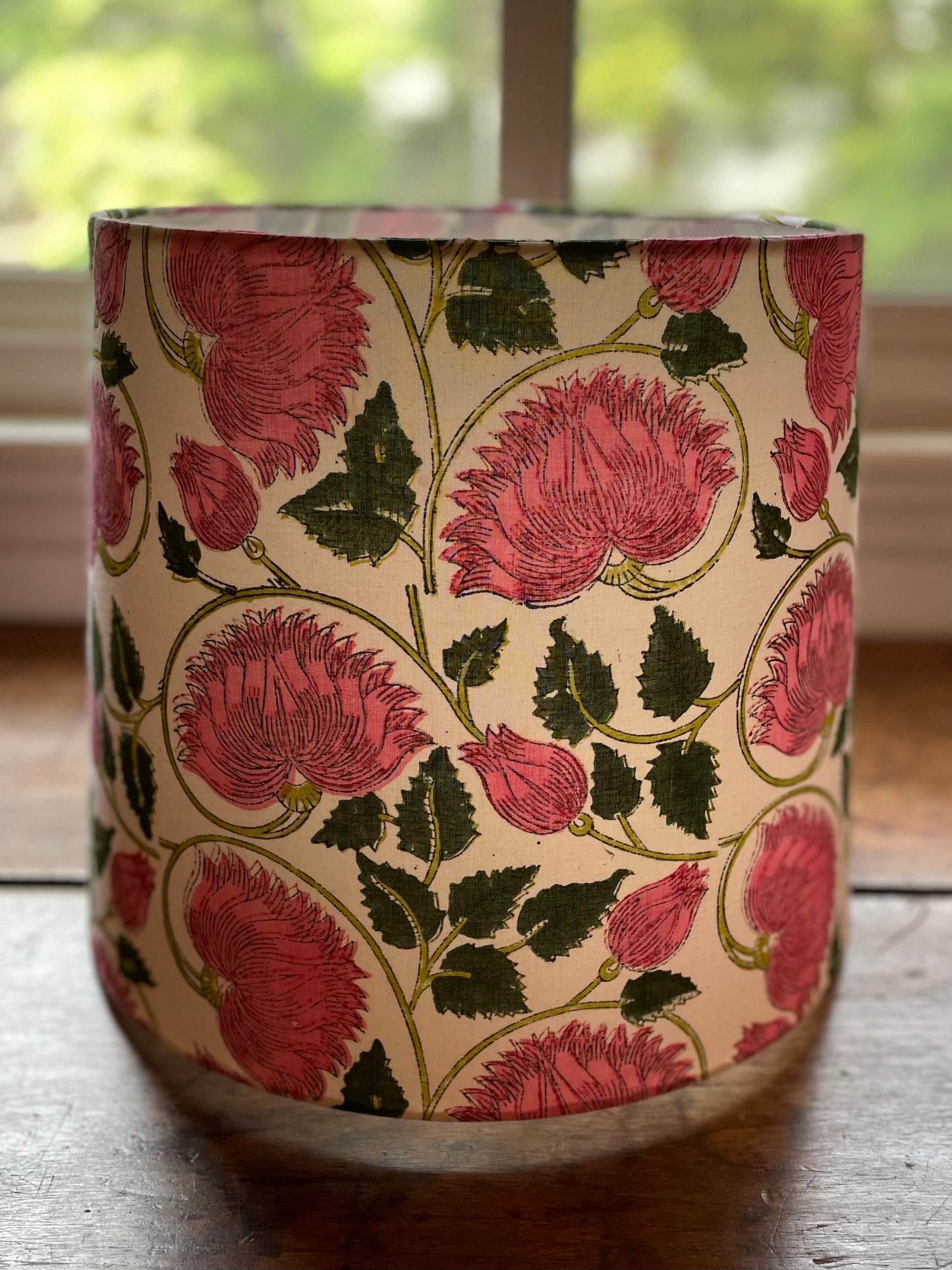 Large Empire Lampshade. 11.75 x 13.75 x 11.75. Indian Hand Block Print. Big Pink Blossoms with Jungle Green Leaves.