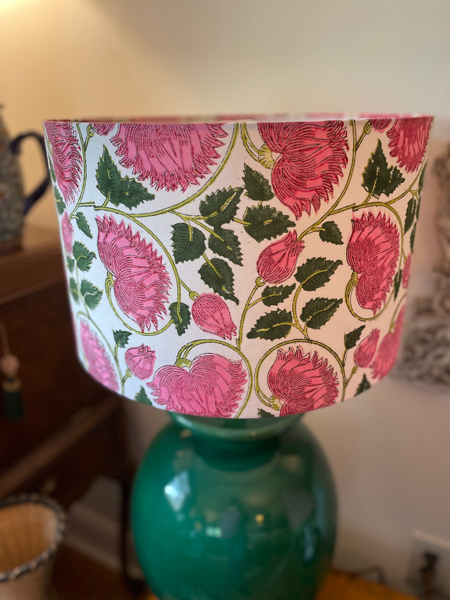 16 Inch Drum Lampshade. Indian Hand Block Print. Big Pink Blossoms with Jungle Green Leaves.