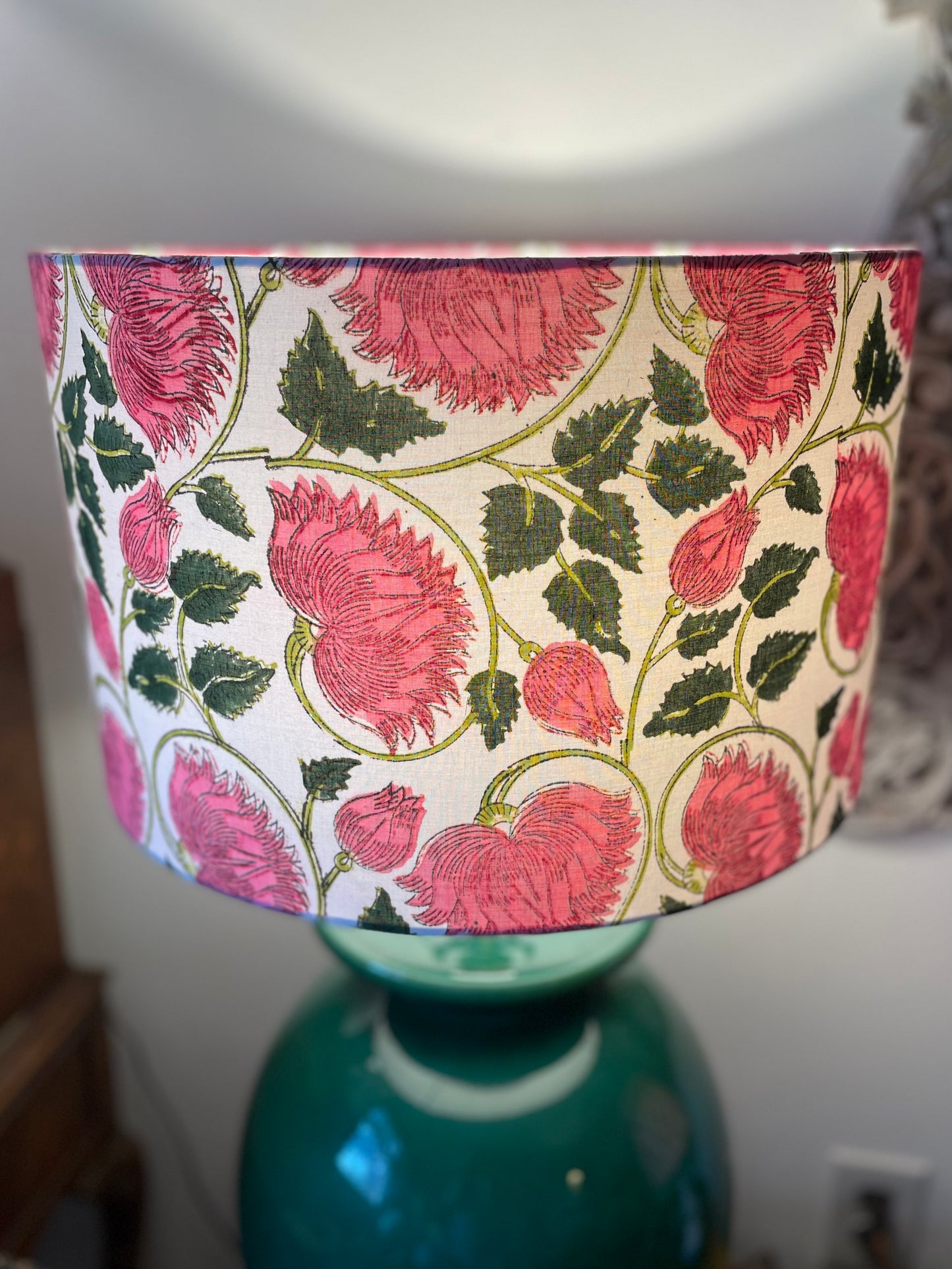 16 Inch Drum Lampshade. Indian Hand Block Print. Big Pink Blossoms with Jungle Green Leaves.