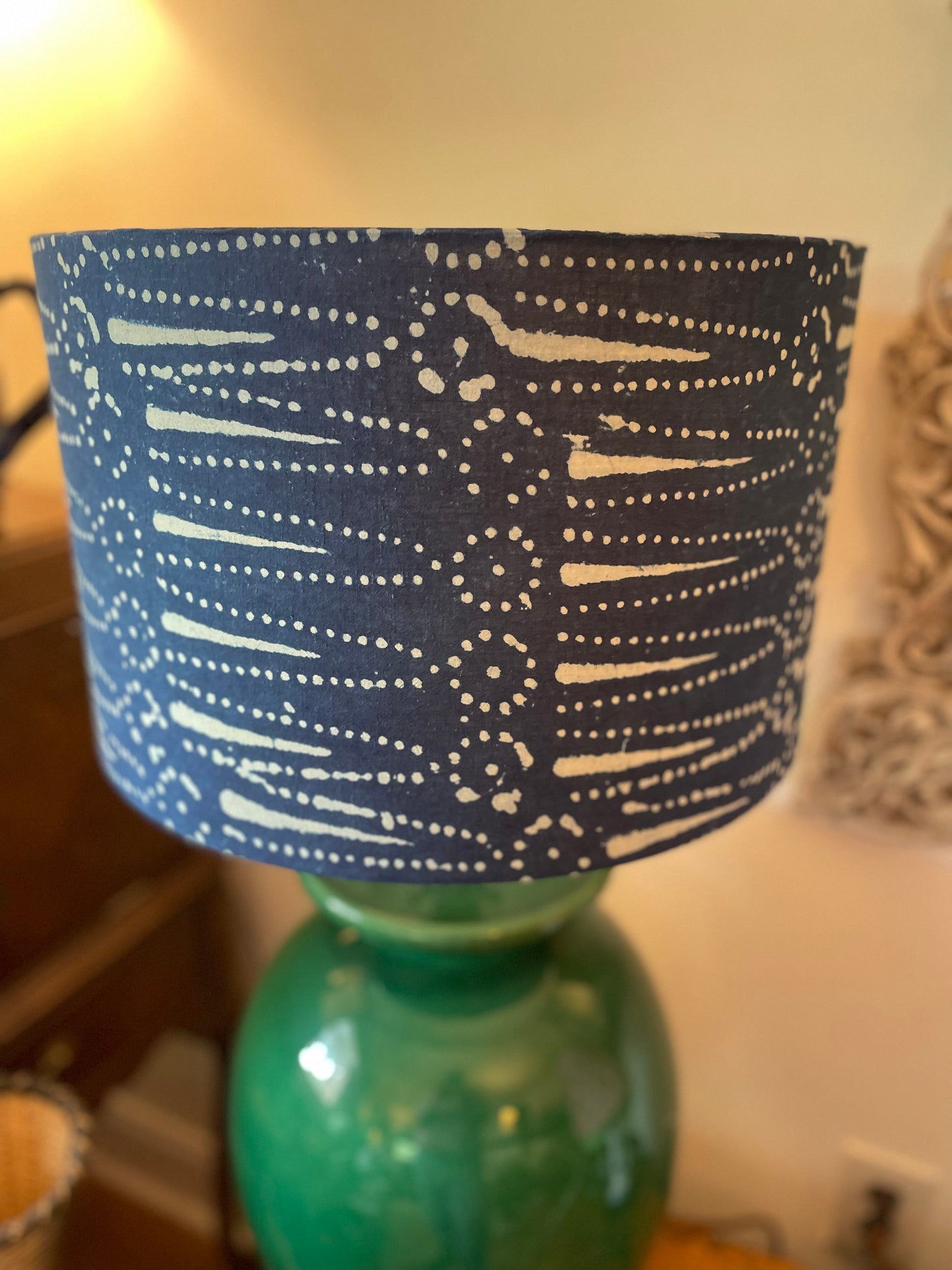 16 Inch Drum Lampshade. Indigo Hand Block Print. Dot and Arrow Motif.