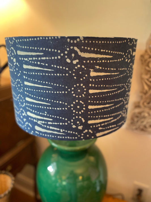 16 Inch Drum Lampshade. Indigo Hand Block Print. Dot and Arrow Motif.