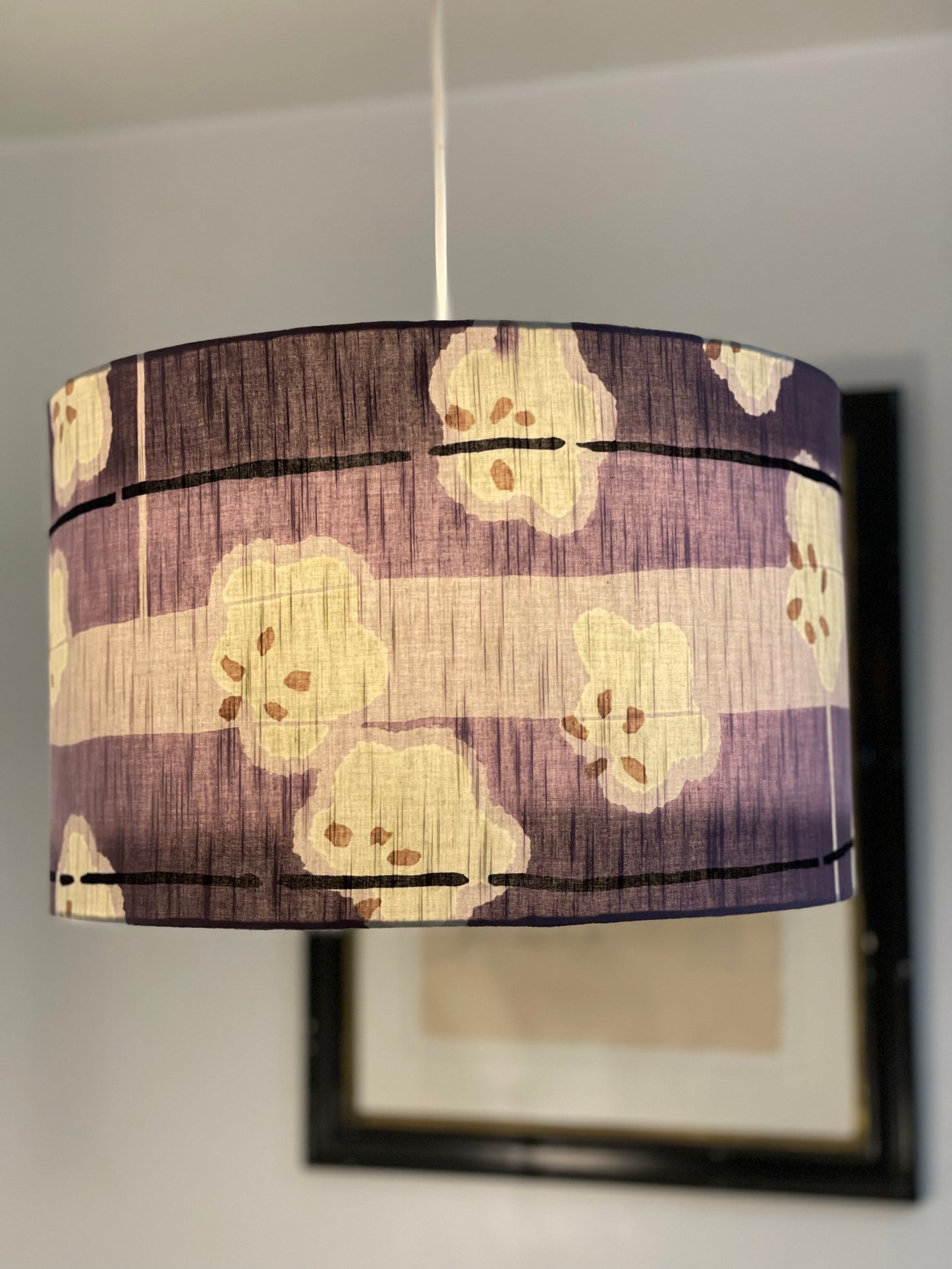 16 Inch Drum Lampshade. Vintage Summer Kimono Fabric. Slightly Textured shades of Lilac, Smoky Purple and Grey.