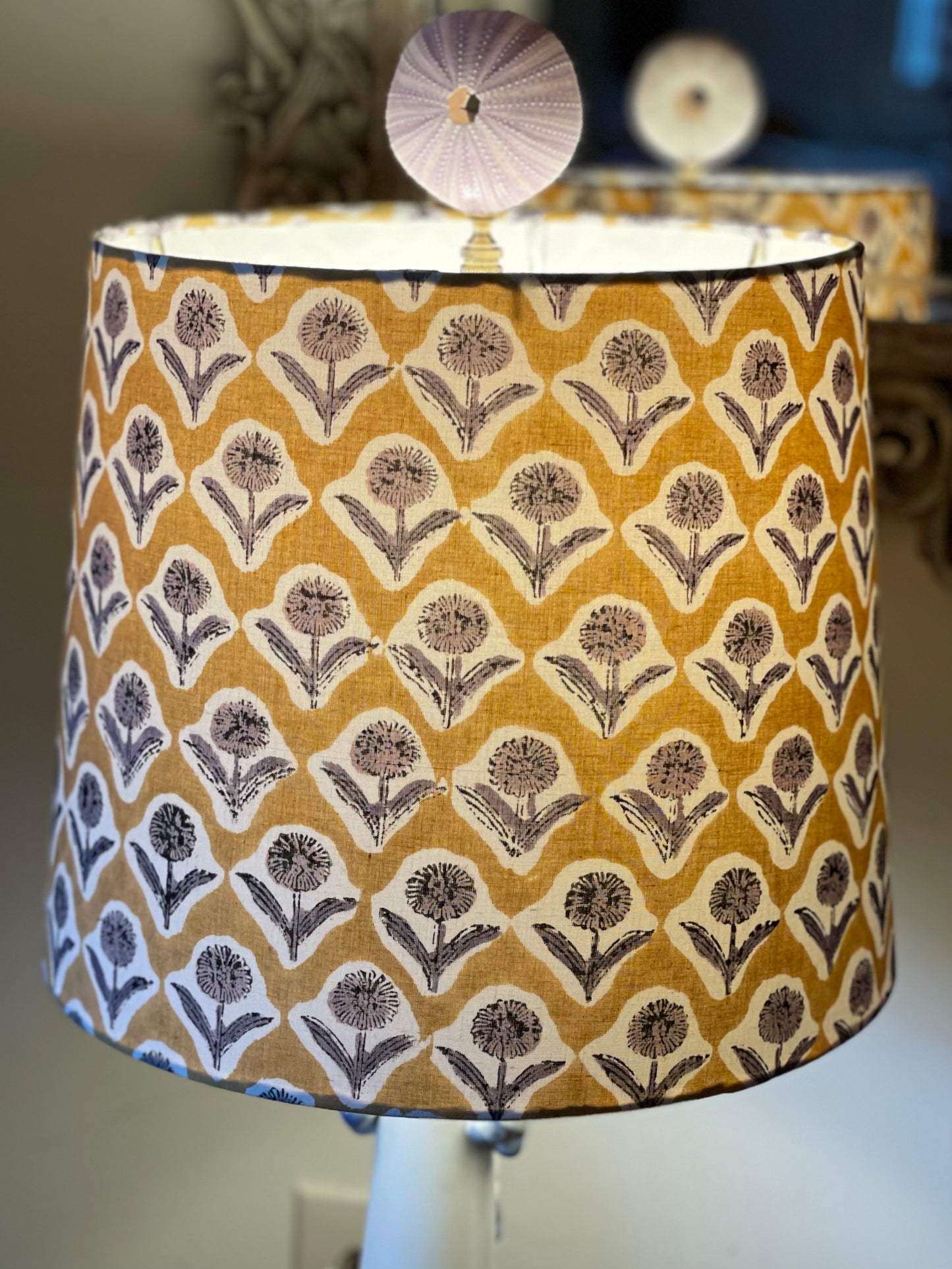 Medium Empire Lampshade. Indian Block print from Jaipur. Harvest Gold with Black and Gray Floral Motif.