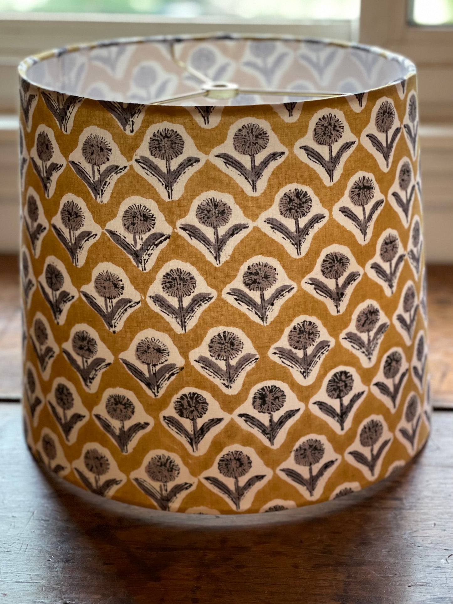 Medium Empire Lampshade. Indian Block print from Jaipur. Harvest Gold with Black and Gray Floral Motif.